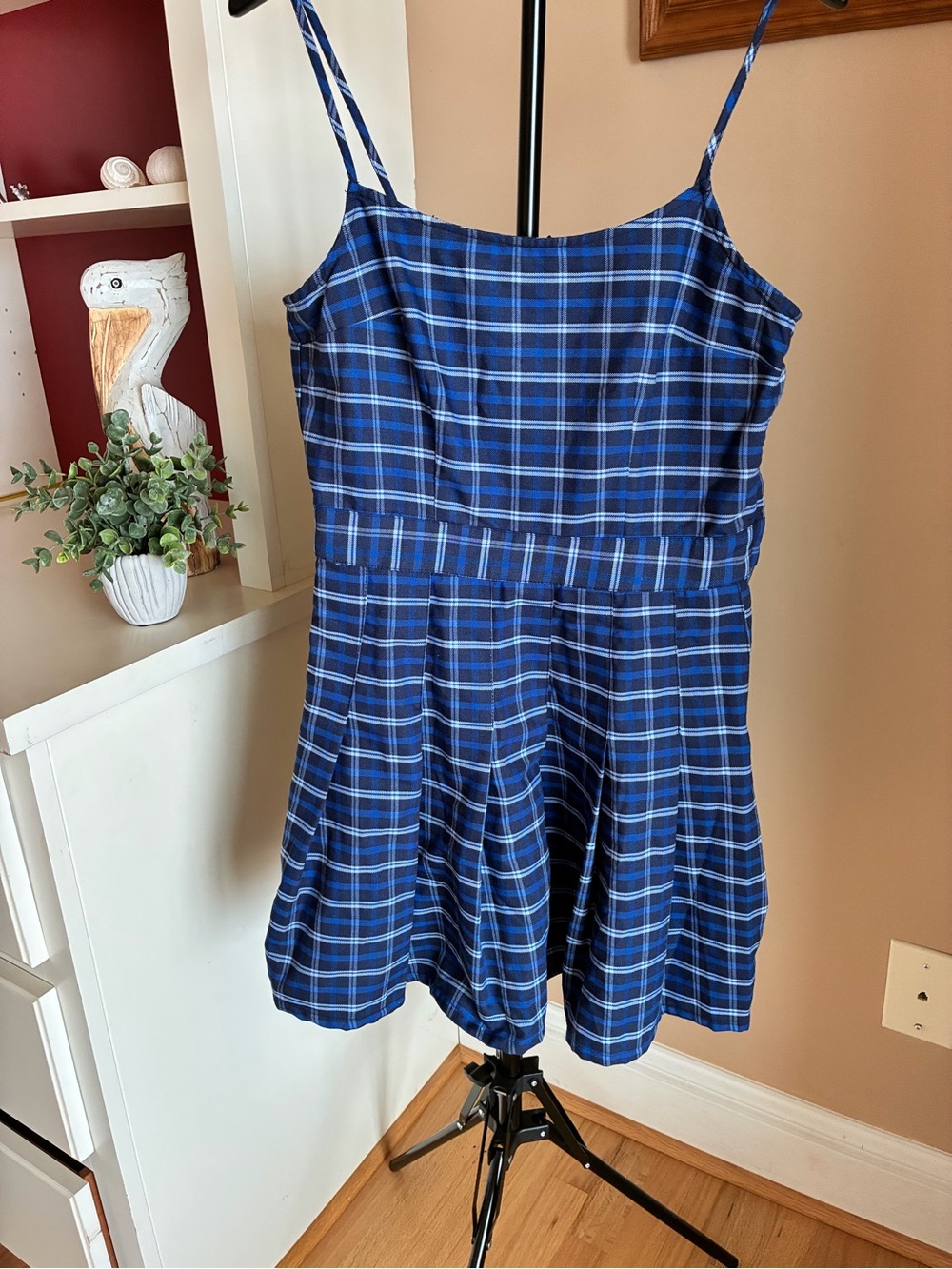 H&M Divided Blue Plaid Pleated Dress, Size S, Side Zip, A-line Y2K